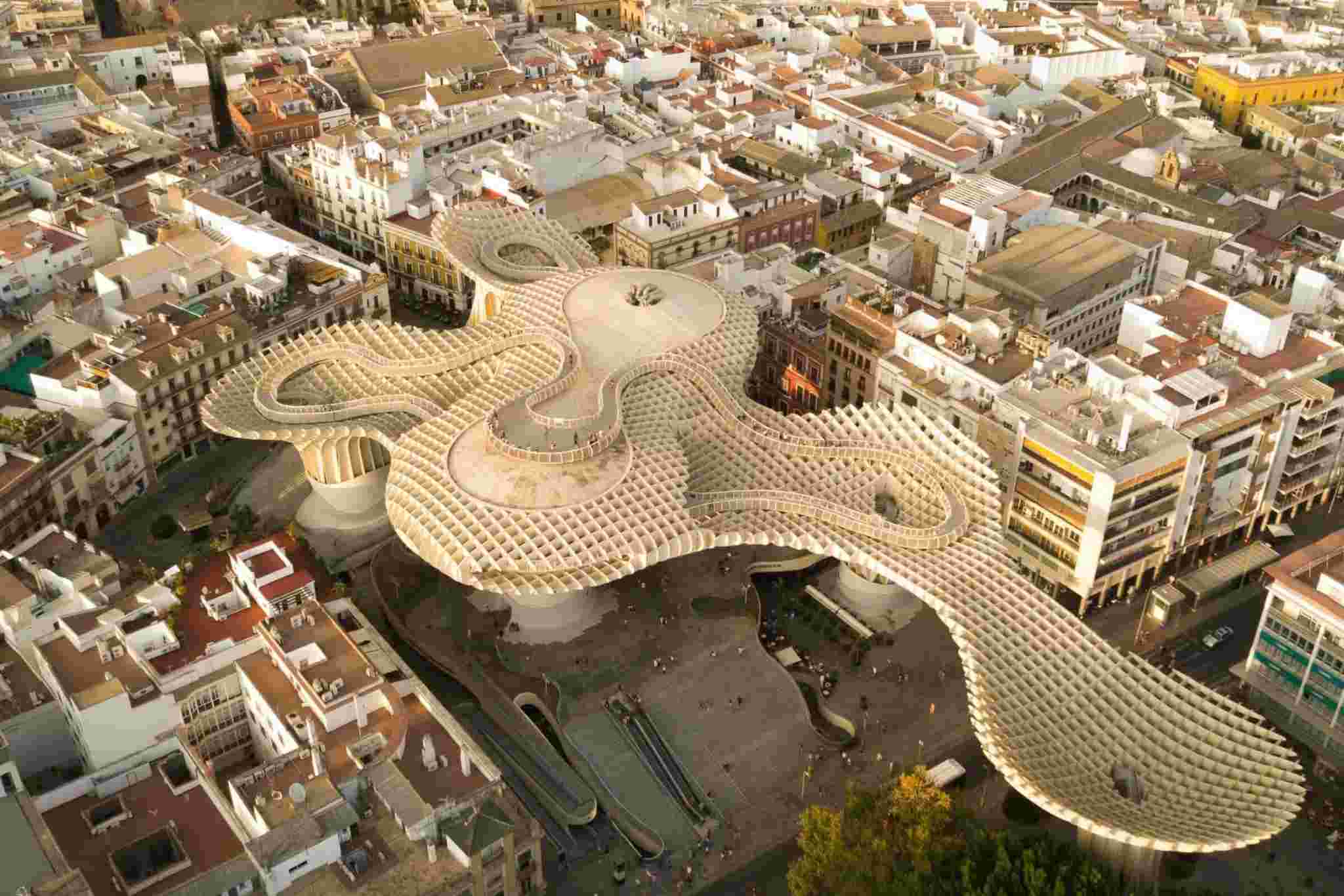 Aerial view of the Metropol Parasol (Setas) structure in Seville