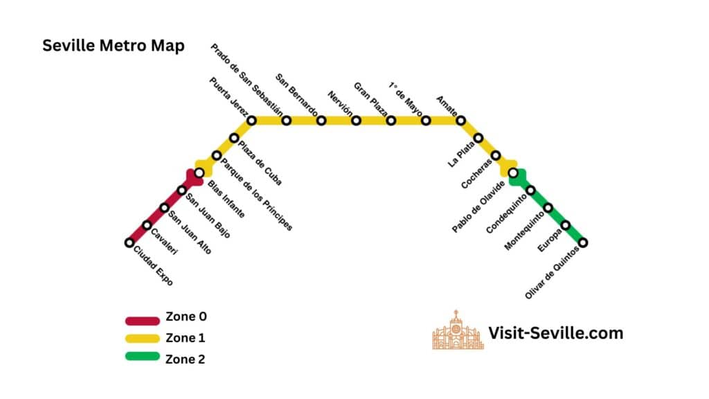 Seville Metro map showing metro line and stations