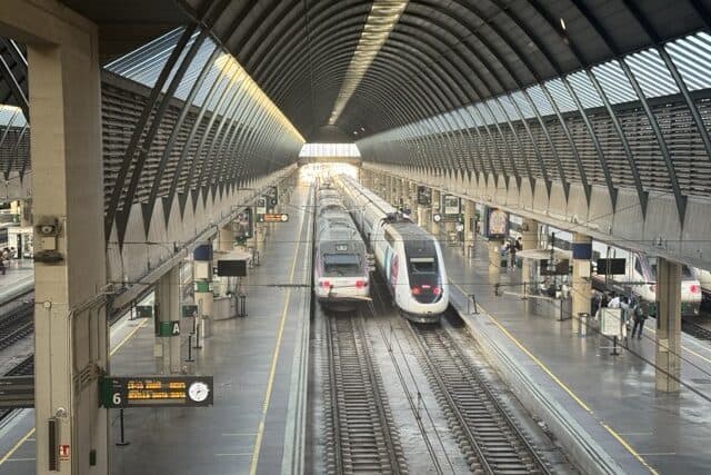 Seville Santa Justa train station with AVE high-speed trains waiting on the platform