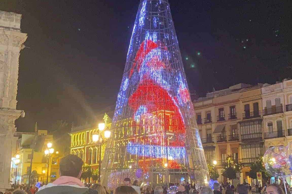 Giant Christmas tree with lights at Plaza de San Francisco in Seville, Spain
