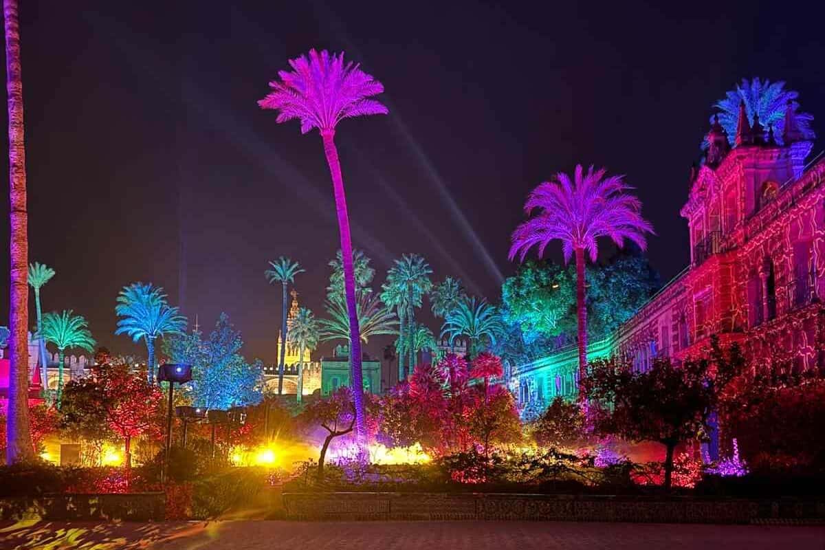 Light show at the Royal Alcazar in Seville during Christmas