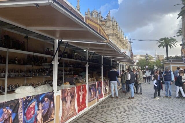 Stands at the Nativity Market in Seville next to Seville Cathedral