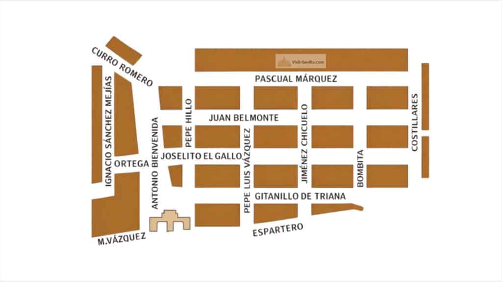 Map of Seville April Fair layout, showing streets and La Portada